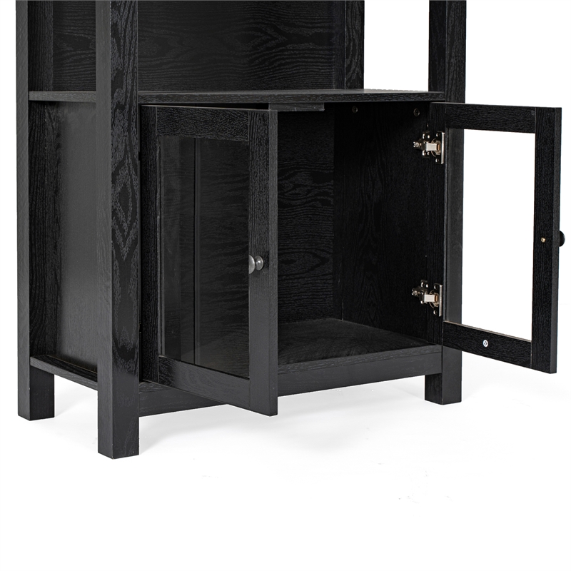3 Tier Farmhouse Style Storage Cabinet Bookshelf with Glass Doors - Black