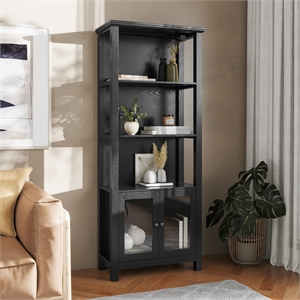 3 Tier Farmhouse Style Storage Cabinet Bookshelf with Glass Doors - Black