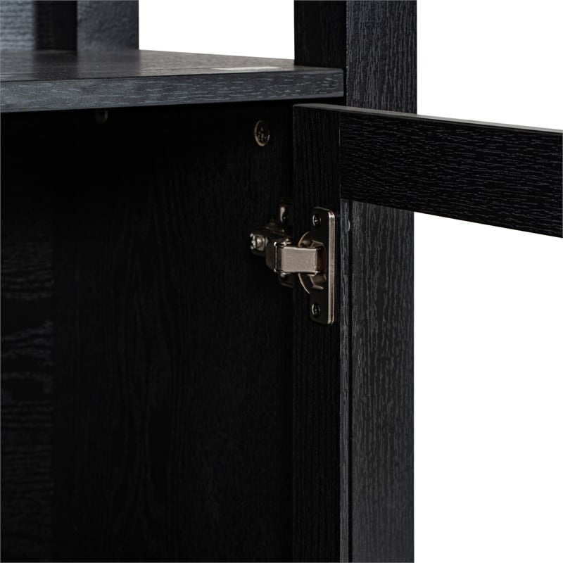 3 Tier Farmhouse Style Storage Cabinet Bookshelf with Glass Doors - Black