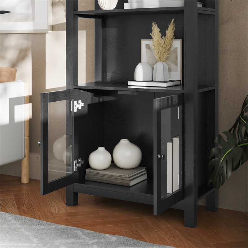 3 Tier Farmhouse Style Storage Cabinet Bookshelf with Glass Doors - Black