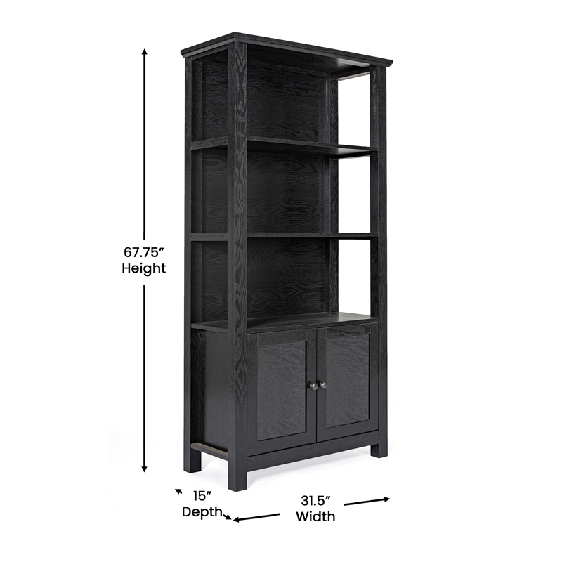 3 Tier Farmhouse Style Storage Cabinet Bookshelf with Glass Doors - Black