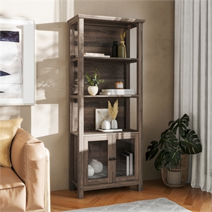 3 Tier Farmhouse Style Storage Cabinet Bookshelf with Glass Doors - Gray Wash