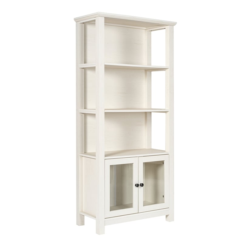 3 Tier Farmhouse Style Storage Cabinet Bookshelf with Glass Doors - White