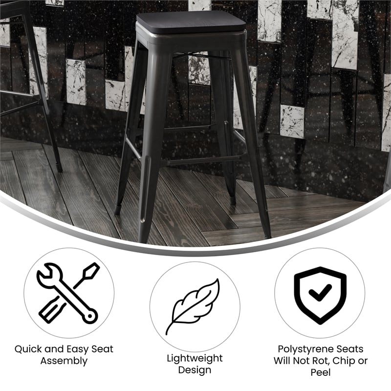 All-Weather Black Commercial Backless Bar Stools-Black Poly Seat-4 PK