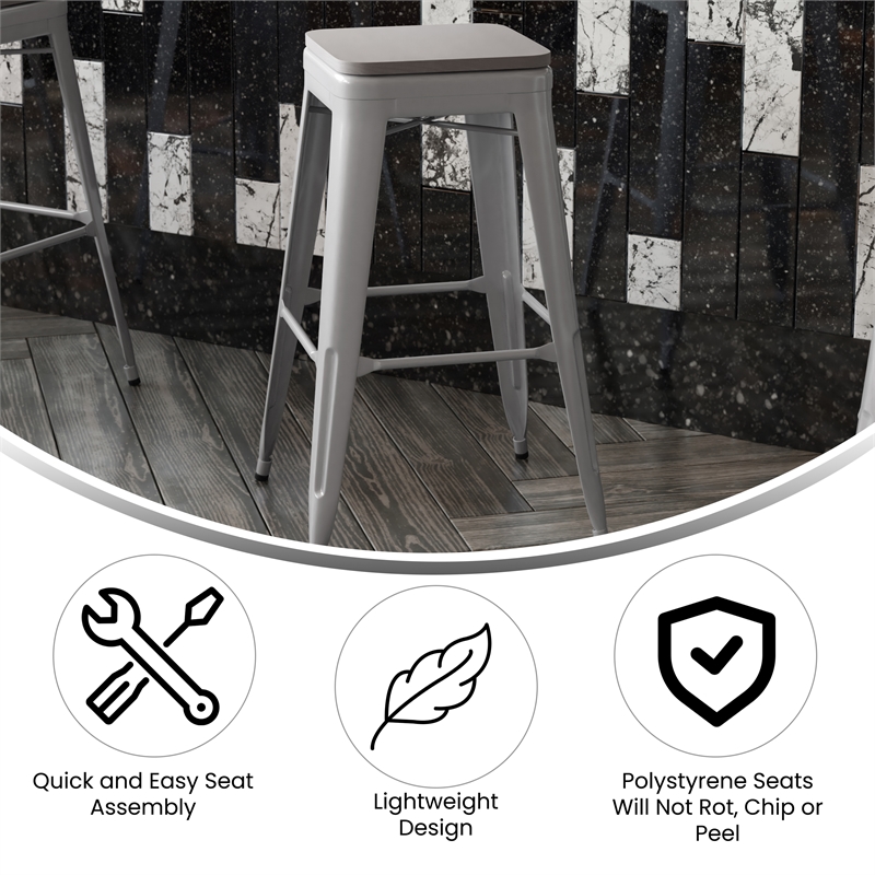 All-Weather Silver Commercial Backless Bar Stools-Gray Poly Seat-4 PK