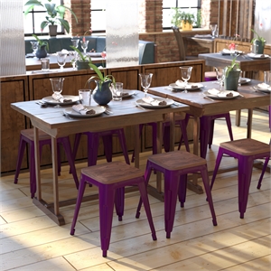 Set of 4 Purple 18&quot Table Height Indoor Stackable Metal Stool with Wood Seat