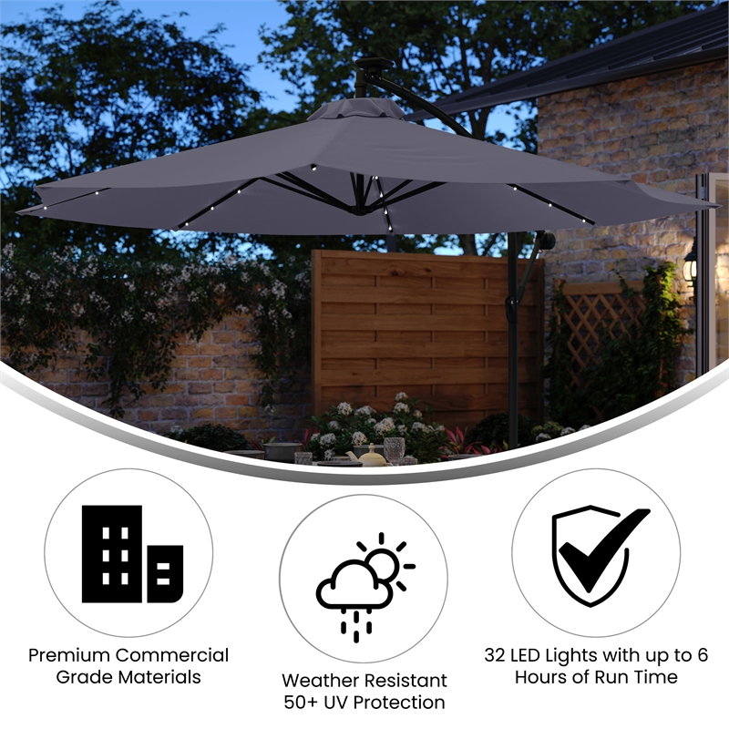 Commercial 10 FT Solar 32 LED Light Cantilever Umbrella with Crank and Tilt-Gray