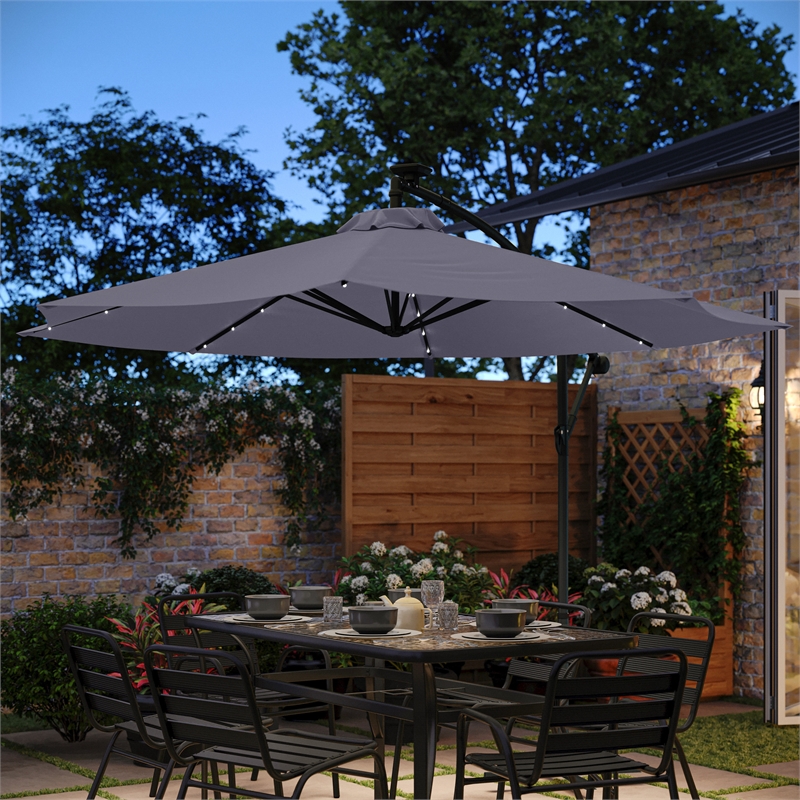 Commercial 10 FT Solar 32 LED Light Cantilever Umbrella with Crank and Tilt-Gray