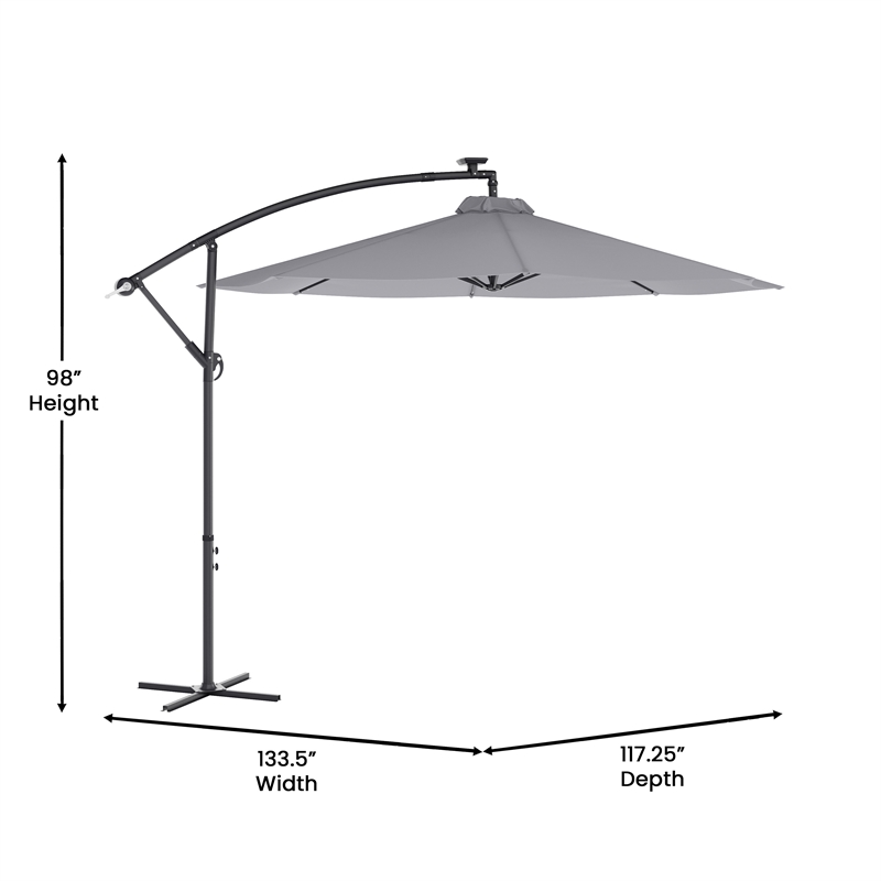 Commercial 10 FT Solar 32 LED Light Cantilever Umbrella with Crank and Tilt-Gray