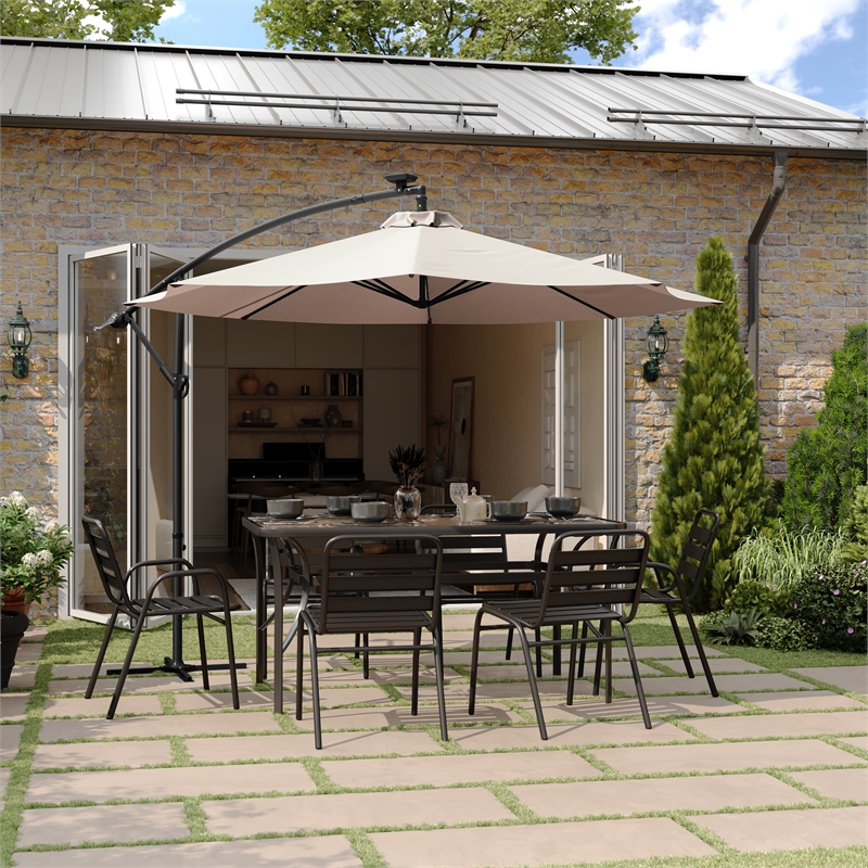 Commercial 10 FT Solar 32 LED Light Cantilever Umbrella with Crank and Tilt-Tan