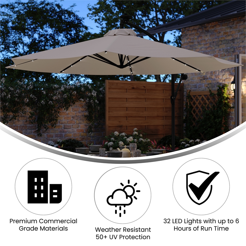 Commercial 10 FT Solar 32 LED Light Cantilever Umbrella with Crank and Tilt-Tan