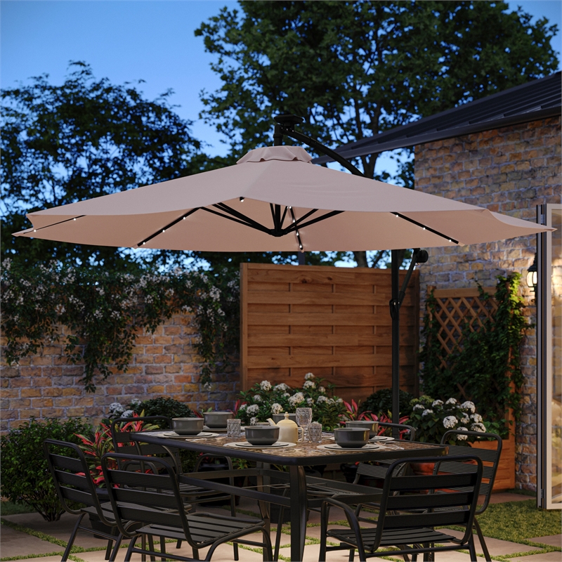 Commercial 10 FT Solar 32 LED Light Cantilever Umbrella with Crank and Tilt-Tan