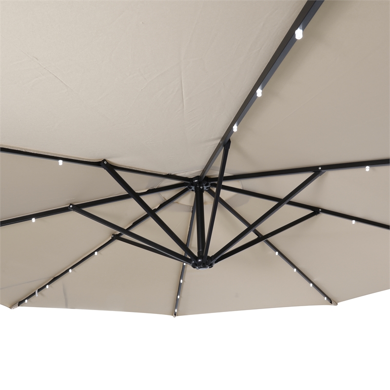 Commercial 10 FT Solar 32 LED Light Cantilever Umbrella with Crank and Tilt-Tan