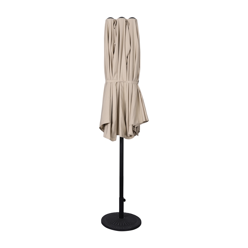 Tan Commercial 15' Triple Head Patio Umbrella with Crank and Easy Lift Function