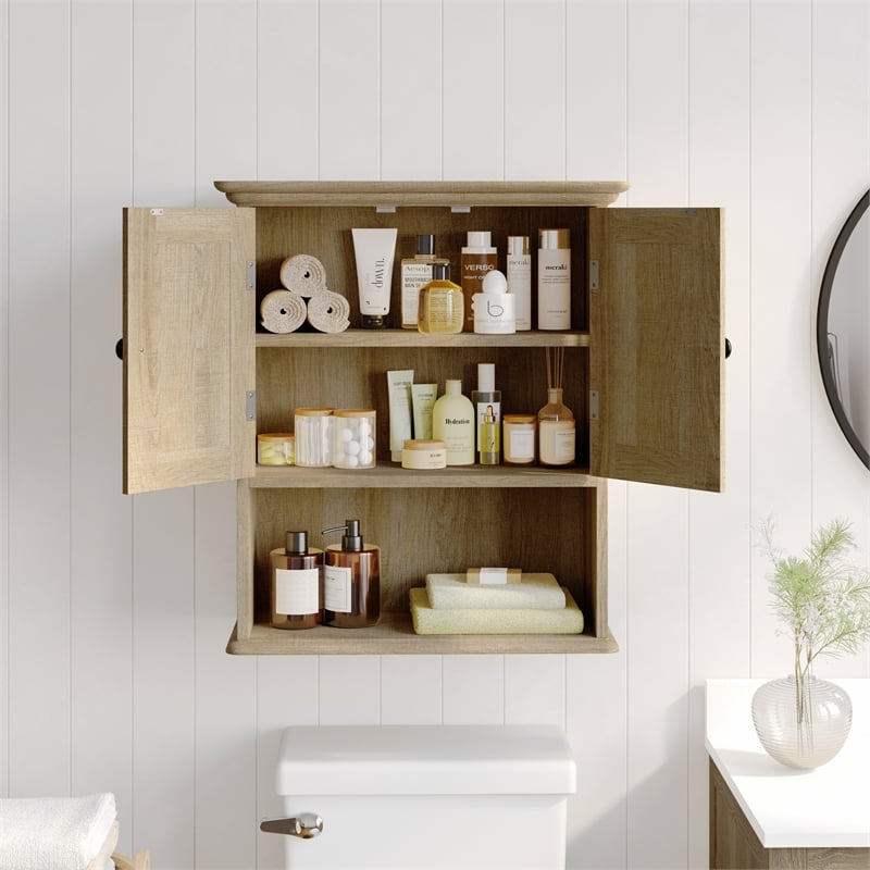 Farmhouse Wall Mount Medicine Cabinet with Adjustable Shelf and Dual Doors-Brown