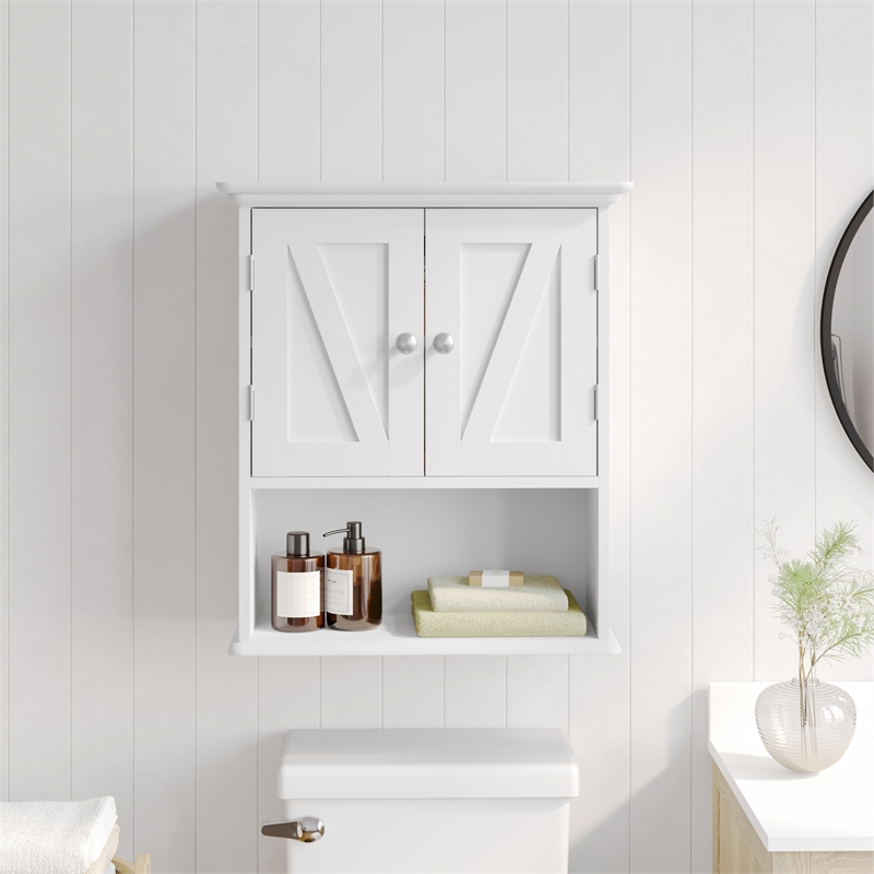 Farmhouse Wall Mount Medicine Cabinet with Adjustable Shelf and Dual Doors-White