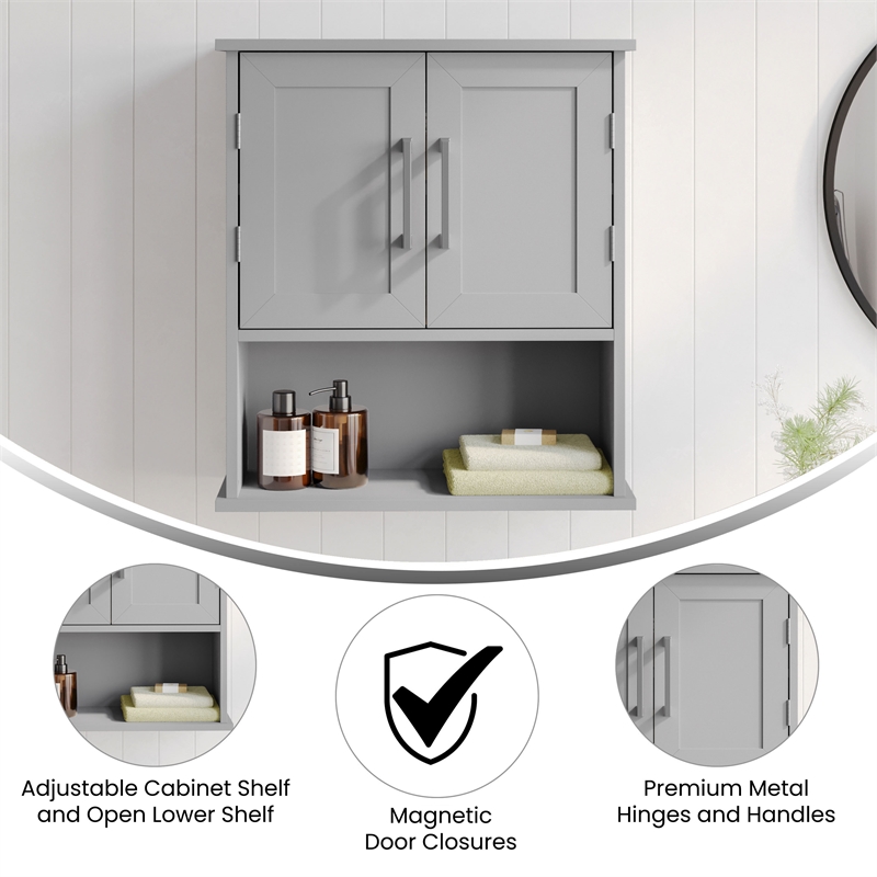 Modern Bathroom Wall Mount Medicine Cabinet with Magnetic Close Doors in Gray