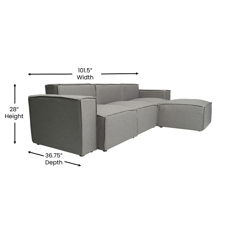 Contemporary 4 Piece Modular Sectional Sofa with Ottoman in Gray Fabric