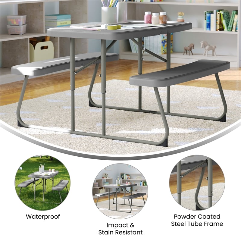 Indoor/Outdoor Commercial Grade Kids Gray Folding Picnic Table with Benches