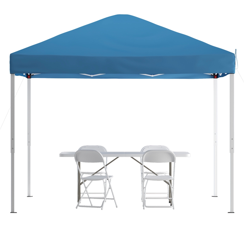 10' x 10' Blue Pop Up Canopy Folding Table and 4 White Folding Chairs Bundle