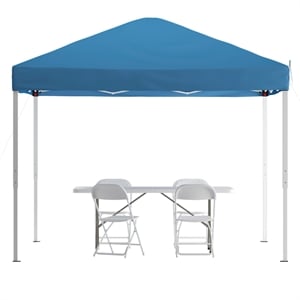 10' x 10' Blue Pop Up Canopy Folding Table and 4 White Folding Chairs Bundle