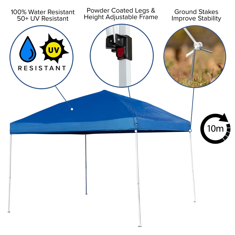 10' x 10' Blue Pop Up Canopy Folding Table and 4 White Folding Chairs Bundle