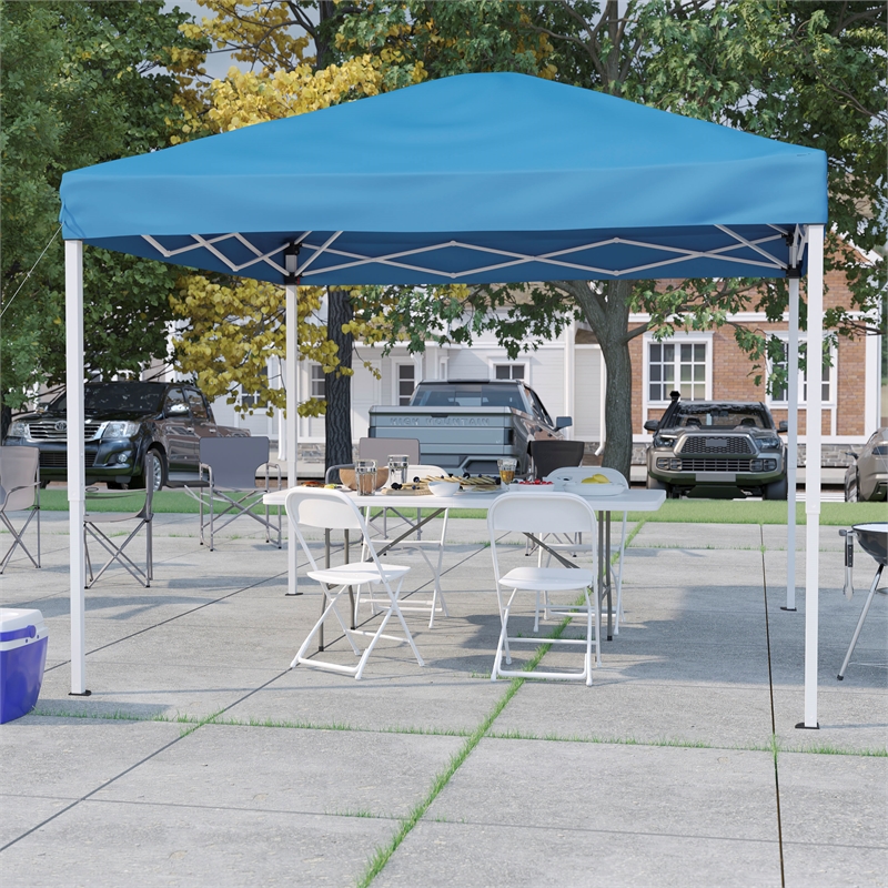 10' x 10' Blue Pop Up Canopy Folding Table and 4 White Folding Chairs Bundle