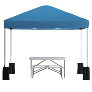 10' x 10' Blue Pop Up Canopy - Wheeled Case - Folding Table with Benches Set