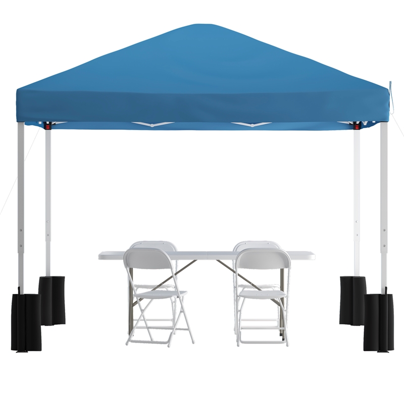 10' x 10' Blue Pop Up Canopy Folding Table and 4 White Folding Chairs Bundle