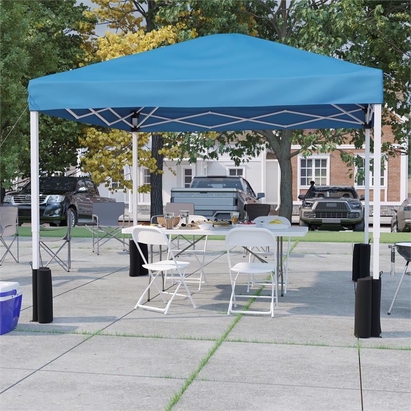 10' x 10' Blue Pop Up Canopy Folding Table and 4 White Folding Chairs Bundle
