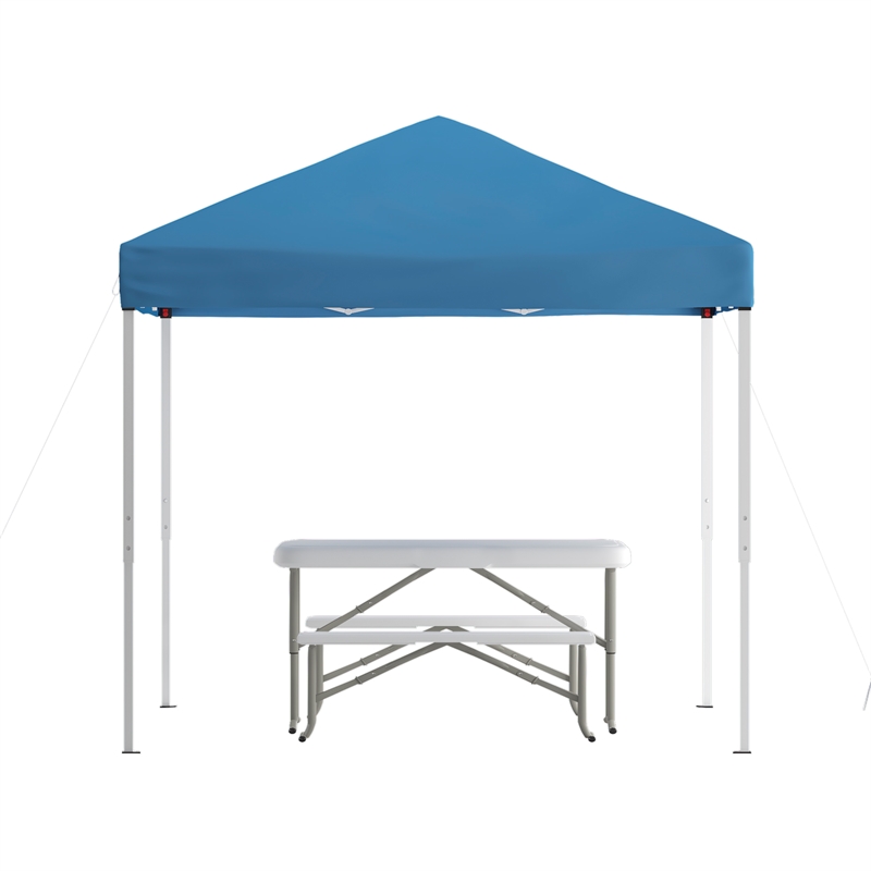 8' x 8' Blue Pop Up Canopy with Carry Bag and Folding Table with Benches Set