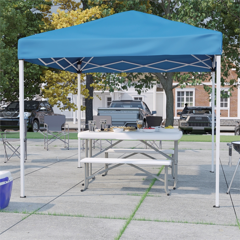 8' x 8' Blue Pop Up Canopy with Carry Bag and Folding Table with Benches Set