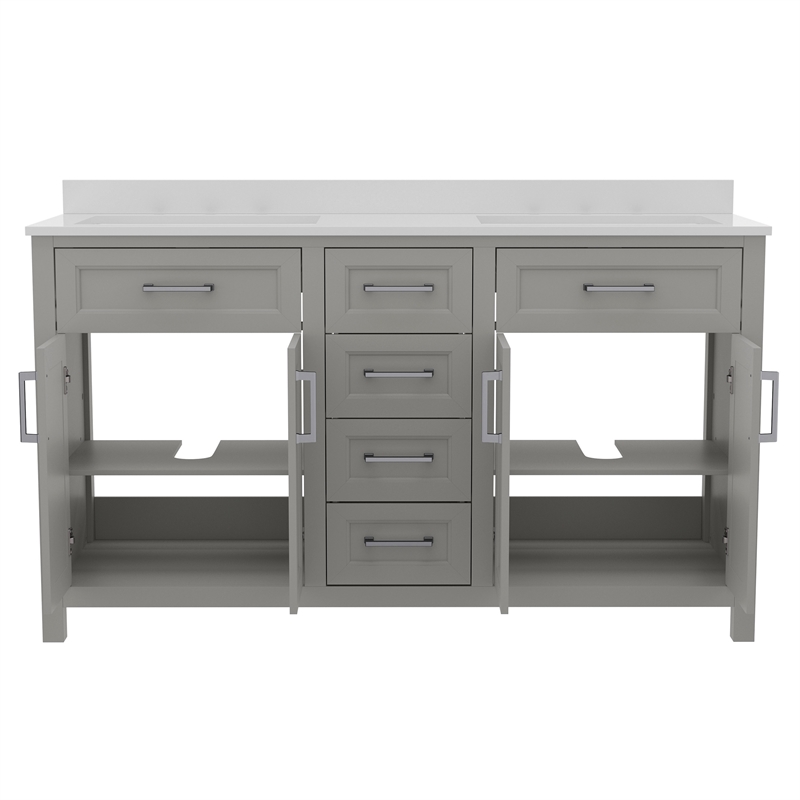 60 Inch Bathroom Vanity with 2 Sinks 2 Storage Cabinets and 6 Drawers in Gray