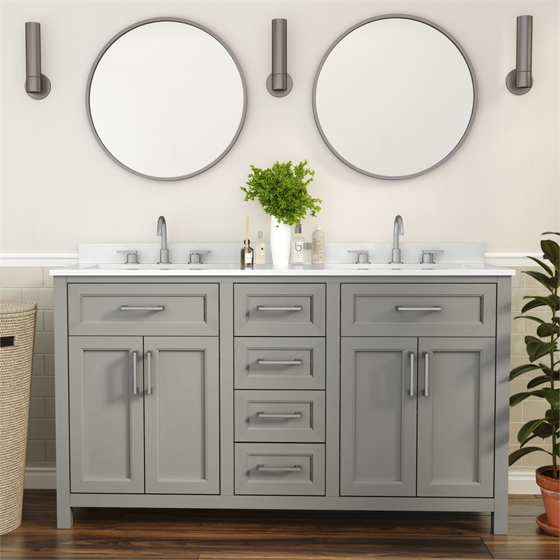 60 Inch Bathroom Vanity with 2 Sinks 2 Storage Cabinets and 6 Drawers in Gray