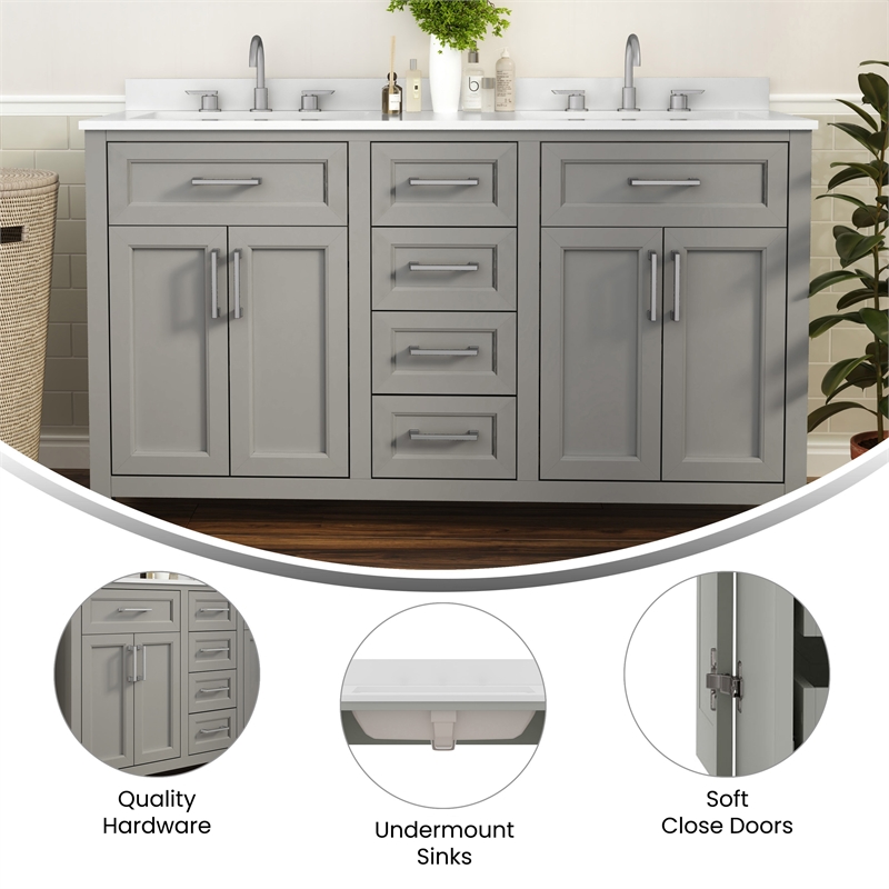 60 Inch Bathroom Vanity with 2 Sinks 2 Storage Cabinets and 6 Drawers in Gray