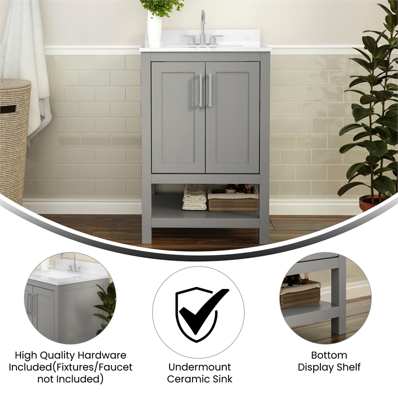 24 Inch Bathroom Vanity with Undermount Sink and Open Storage Shelf in Gray