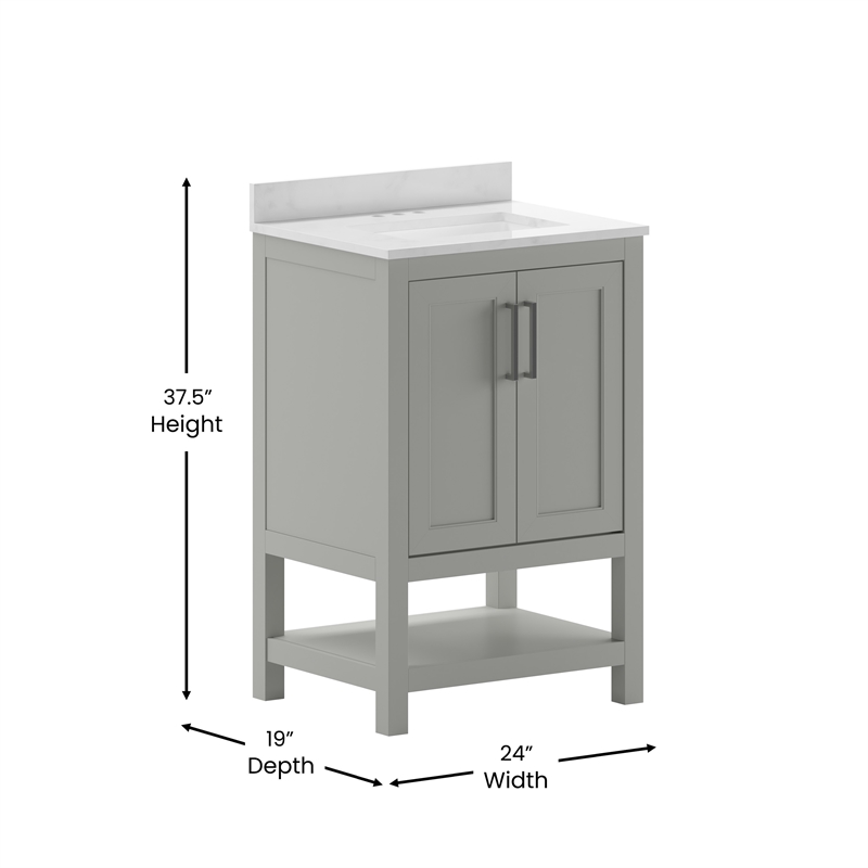 24 Inch Bathroom Vanity with Undermount Sink and Open Storage Shelf in Gray