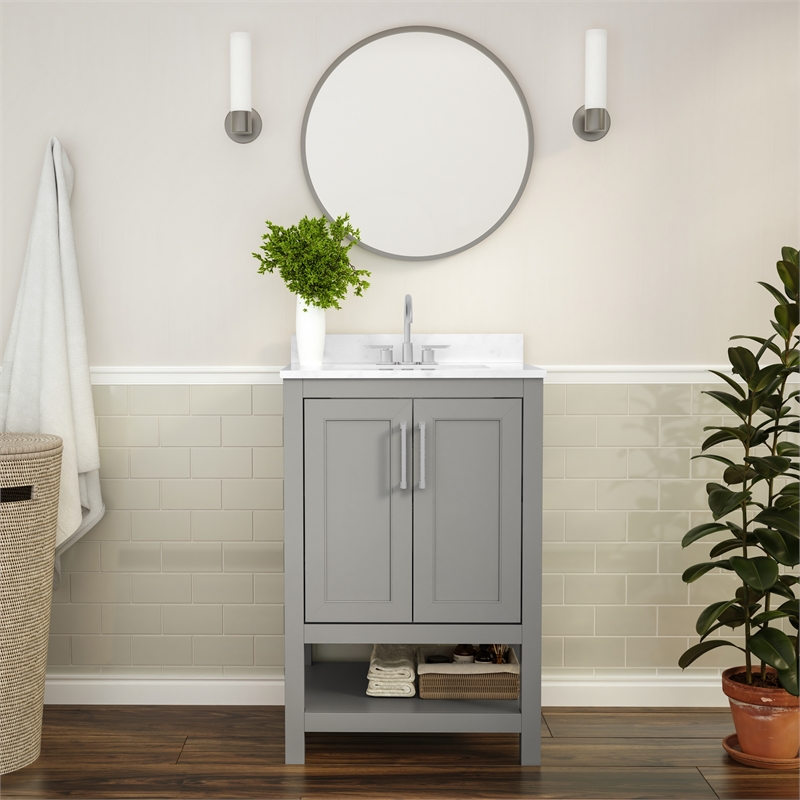 24 Inch Bathroom Vanity with Undermount Sink and Open Storage Shelf in Gray