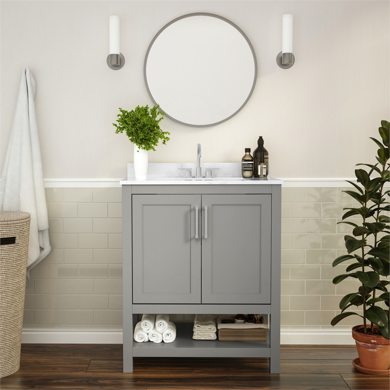 30 Inch Bathroom Vanity with Undermount Sink and Open Storage Shelf in Gray