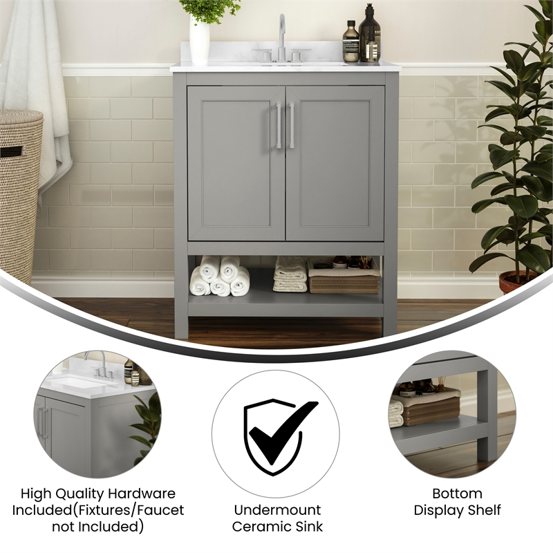 30 Inch Bathroom Vanity with Undermount Sink and Open Storage Shelf in Gray