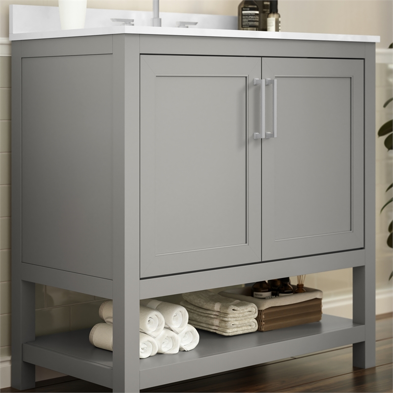 36 Inch Bathroom Vanity with Undermount Sink and Open Storage Shelf in Gray