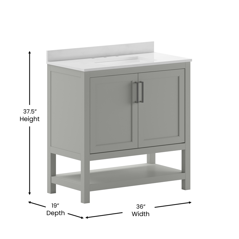 36 Inch Bathroom Vanity with Undermount Sink and Open Storage Shelf in Gray