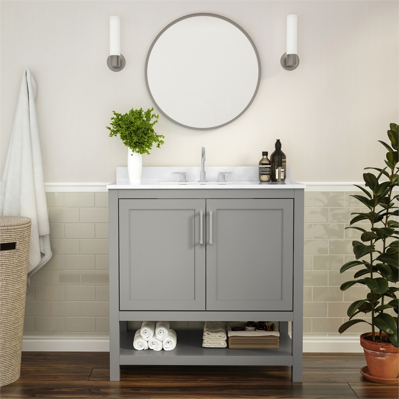 36 Inch Bathroom Vanity with Undermount Sink and Open Storage Shelf in Gray