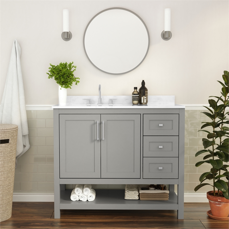 42 Inch Bathroom Vanity with Sink Open Storage and Storage Drawers in Gray