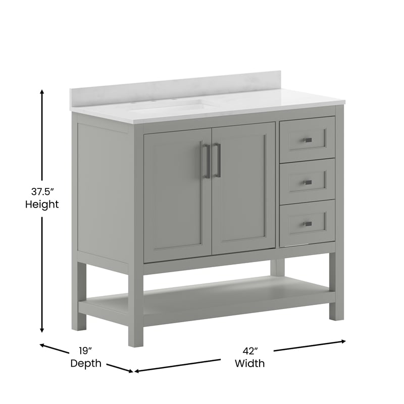 42 Inch Bathroom Vanity with Sink Open Storage and Storage Drawers in Gray