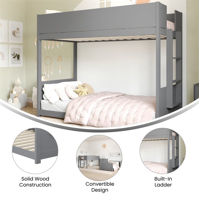 Twin Over Twin Convertible Solid Wood Bunk Bed Frame for Kids in Gray