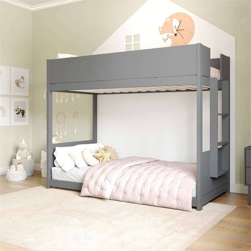 Twin Over Twin Convertible Solid Wood Bunk Bed Frame for Kids in Gray