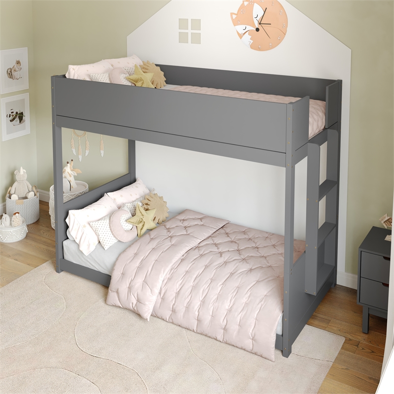 Twin Over Twin Convertible Solid Wood Bunk Bed Frame for Kids in Gray