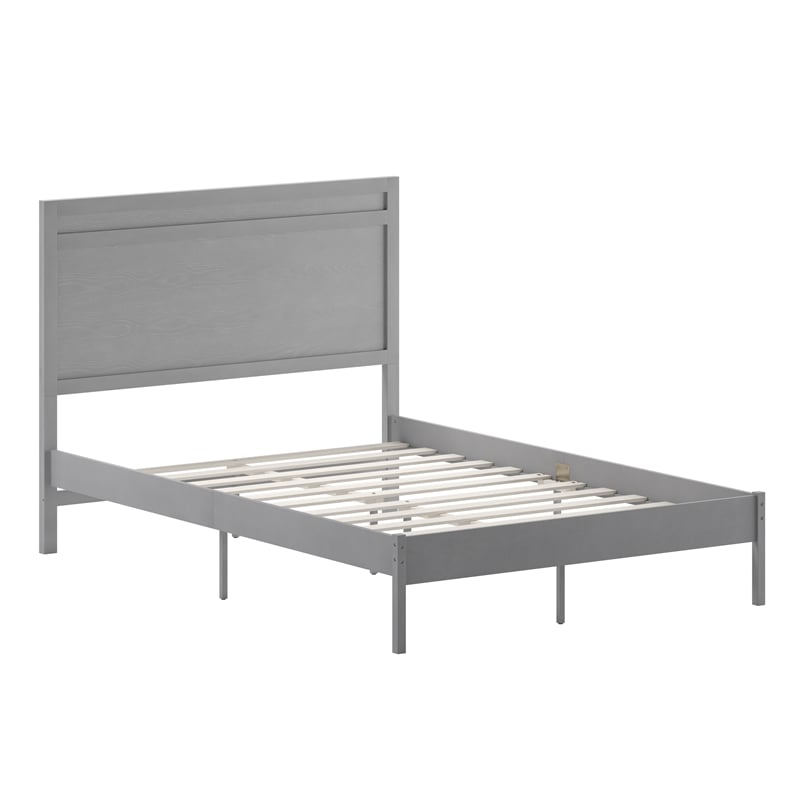 Solid Wood Full Platform Bed with Headboard and Wooden Slats in Gray