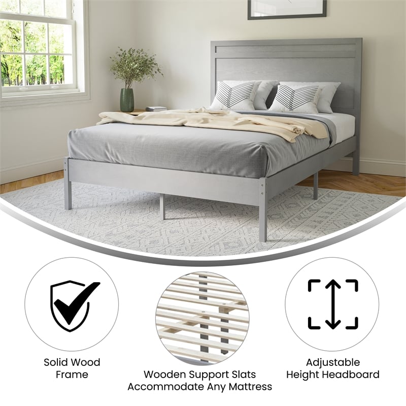 Solid Wood Full Platform Bed with Headboard and Wooden Slats in Gray